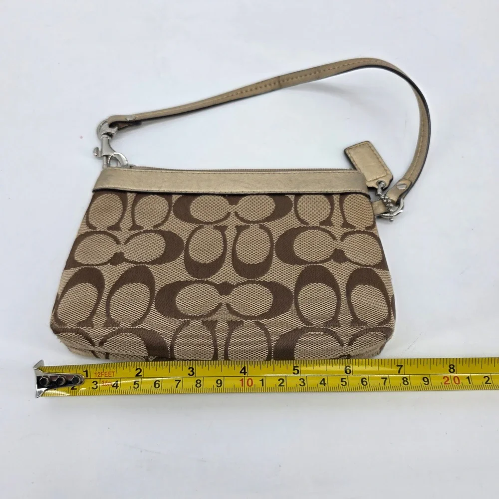 Coach Signature Canvas Metallic Gold Trim Wristlet Small Handbag Bag